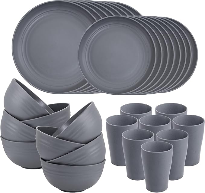 32pcs Wheat Straw Dinnerware Sets,Unbreakable Dinnerware Sets for 8,Reusable Tableware,Dishes Set for 8,Plates and Bowls Set Dark Grey Include16pcs Plates, 8pcs Bowls, 8pcs Cups