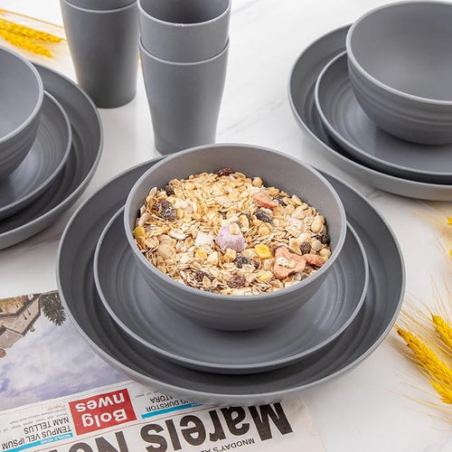 32pcs Wheat Straw Dinnerware Sets,Unbreakable Dinnerware Sets for 8,Reusable Tableware,Dishes Set for 8,Plates and Bowls Set Dark Grey Include16pcs Plates, 8pcs Bowls, 8pcs Cups
