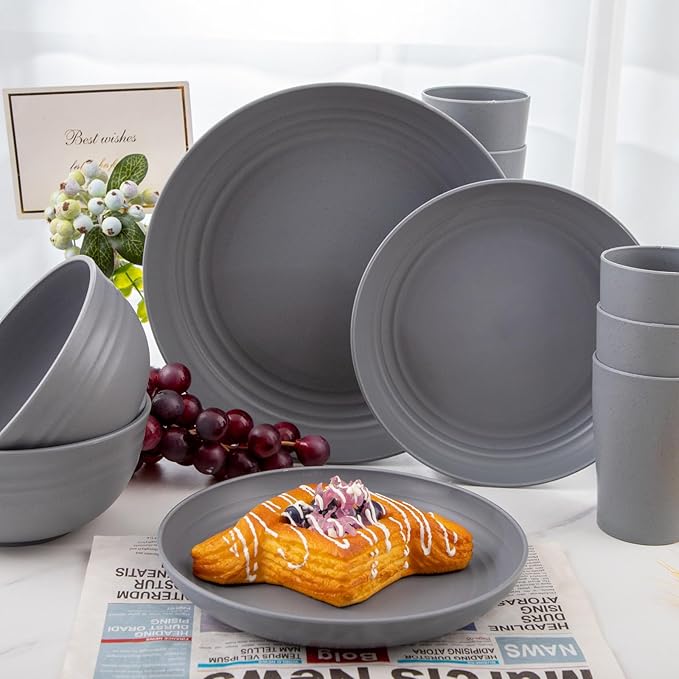 32pcs Wheat Straw Dinnerware Sets,Unbreakable Dinnerware Sets for 8,Reusable Tableware,Dishes Set for 8,Plates and Bowls Set Dark Grey Include16pcs Plates, 8pcs Bowls, 8pcs Cups